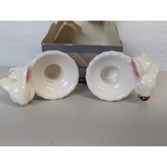 Vtg Avon Bunny Taper Holders Ceramic Sweet Cute Basket Easter Rabbit Decor NIB - Picture 2 of 8